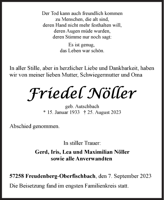 Traueranzeige von Friedel Nöller von Siegener Zeitung