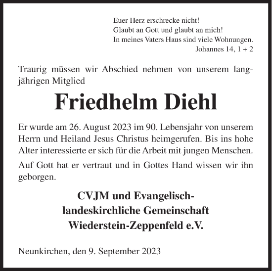 Traueranzeige von Friedhelm Diehl von Siegener Zeitung