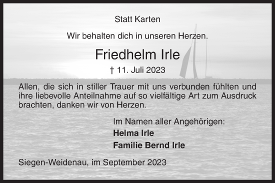 Traueranzeige von Friedhelm Irle von Siegener Zeitung