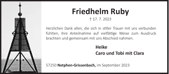 Traueranzeige von Friedhelm Ruby von Siegener Zeitung