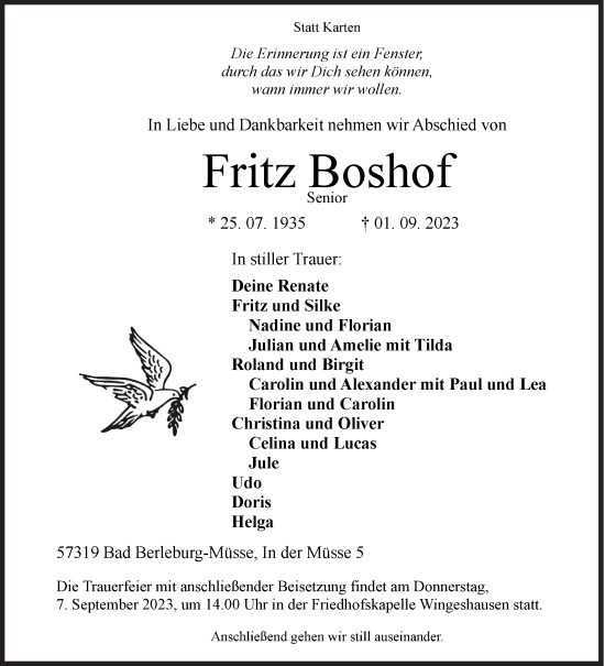 Traueranzeige von Fritz Boshof von Siegener Zeitung