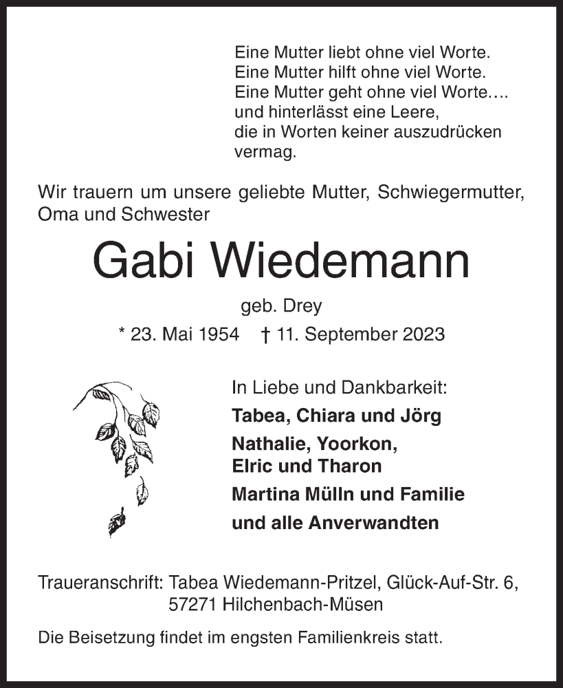  Traueranzeige für Gabi Wiedemann vom 16.09.2023 aus Siegener Zeitung