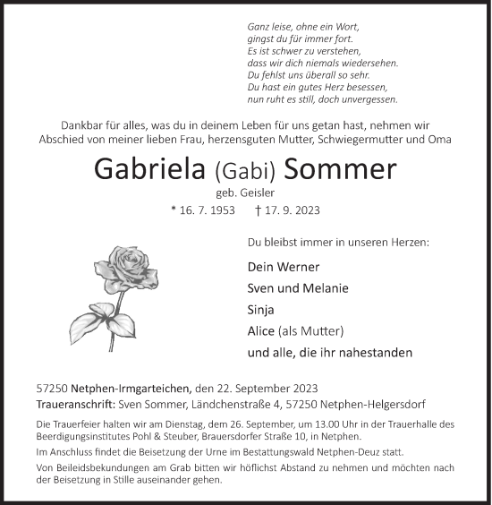 Traueranzeige von Gabriela Sommer von Siegener Zeitung