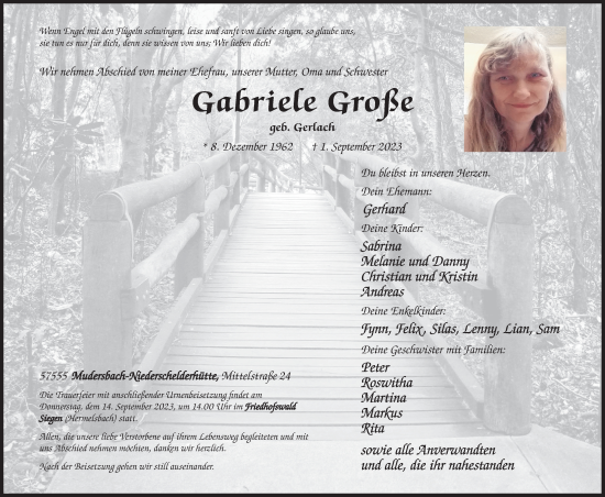 Traueranzeige von Gabriele Große von Siegener Zeitung