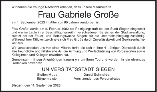 Traueranzeige von Gabriele Große von Siegener Zeitung