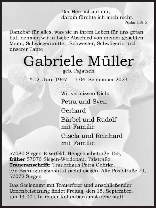 Traueranzeige von Gabriele Müller von Siegener Zeitung