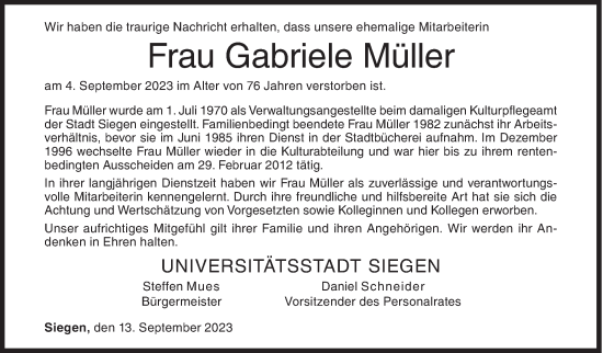 Traueranzeige von Gabriele Müller von Siegener Zeitung