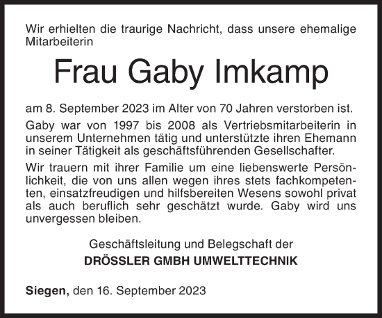 Traueranzeige von Gaby Imkamp von Siegener Zeitung