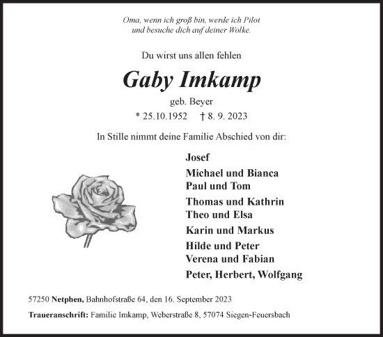 Traueranzeige von Gaby Imkamp von Siegener Zeitung