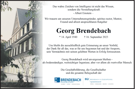 Traueranzeige von Georg Brendebach von Siegener Zeitung