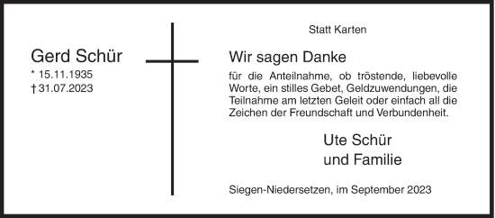Traueranzeige von Gerd Schür von Siegener Zeitung