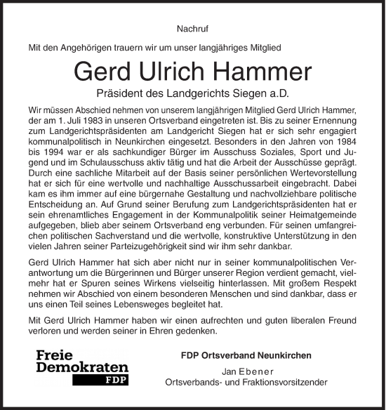 Traueranzeige von Gerd Ulrich Hammer von Siegener Zeitung