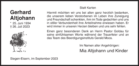 Traueranzeige von Gerhard Altjohann von Siegener Zeitung