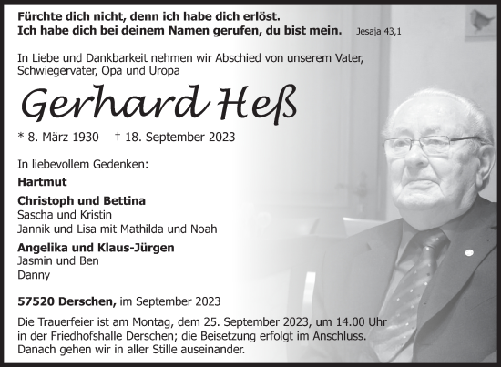 Traueranzeige von Gerhard Heß von Siegener Zeitung
