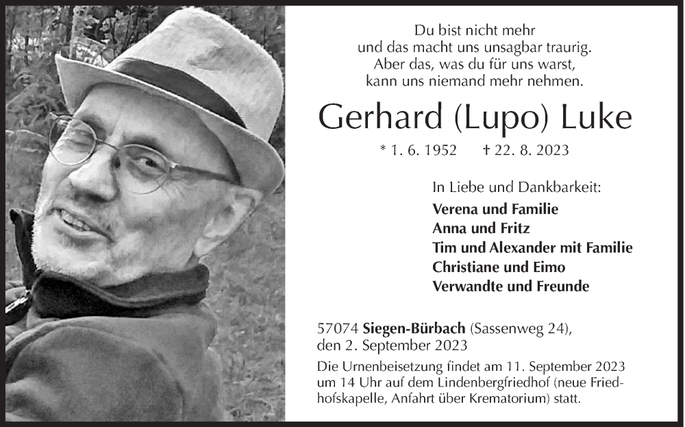  Traueranzeige für Gerhard Luke vom 02.09.2023 aus Siegener Zeitung