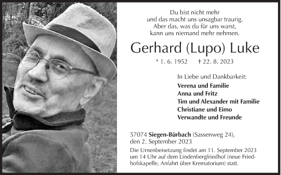 Traueranzeige von Gerhard Luke von Siegener Zeitung