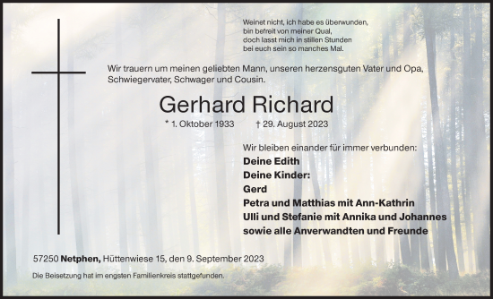 Traueranzeige von Gerhard Richard von Siegener Zeitung