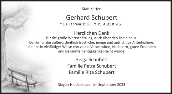 Traueranzeige von Gerhard Schubert von Siegener Zeitung