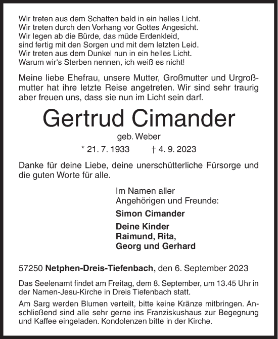 Traueranzeige von Gertrud Cimander von Siegener Zeitung