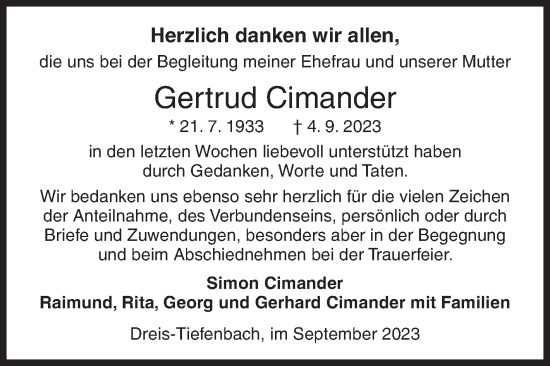 Traueranzeige von Gertrud Cimander von Siegener Zeitung
