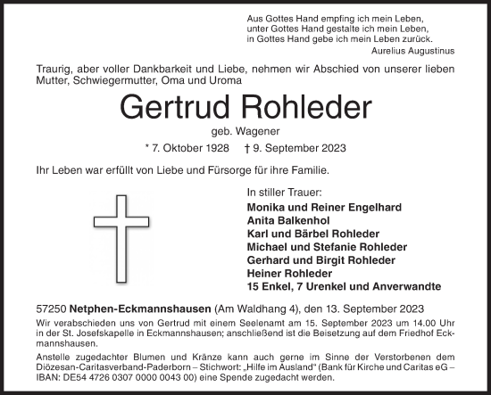Traueranzeige von Gertrud Rohleder von Siegener Zeitung