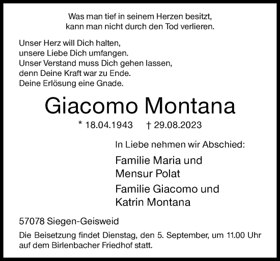 Traueranzeige von Giacomo Montana von Siegener Zeitung