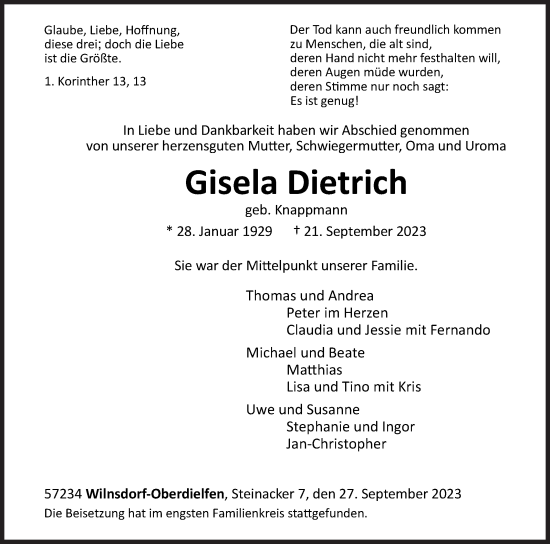Traueranzeige von Gisela Dietrich von Siegener Zeitung