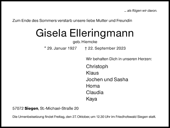 Traueranzeige von Gisela Elleringmann von Siegener Zeitung