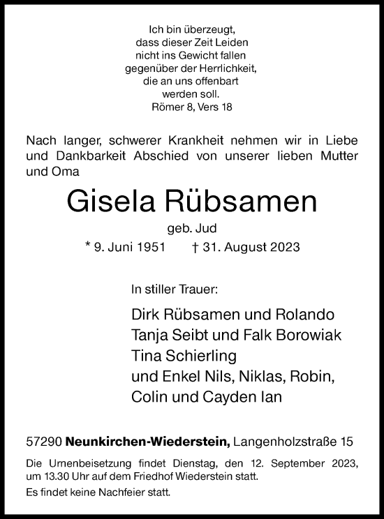 Traueranzeige von Gisela Rübsamen von Siegener Zeitung