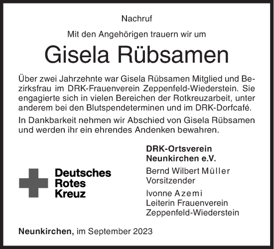 Traueranzeige von Gisela Rübsamen von Siegener Zeitung
