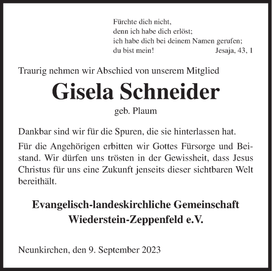 Traueranzeige von Gisela Schneider von Siegener Zeitung