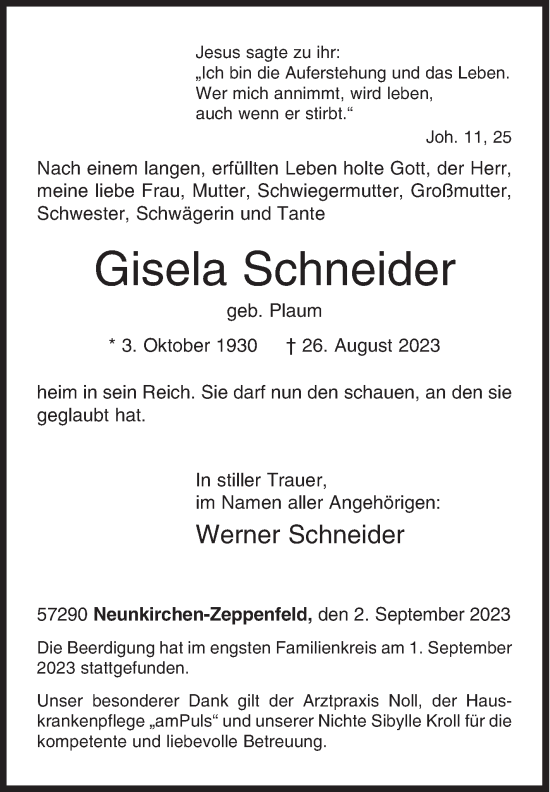 Traueranzeige von Gisela Schneider von Siegener Zeitung