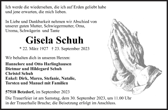 Traueranzeige von Gisela Schuh von Siegener Zeitung