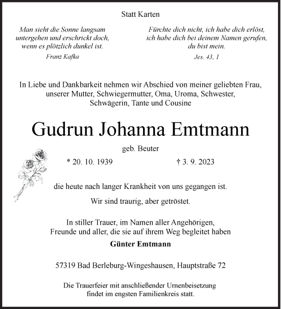 Traueranzeige von Gudrun Johanna Emtmann von Siegener Zeitung