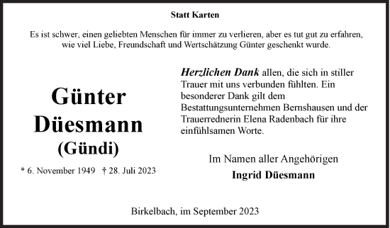 Traueranzeige von Günter Düesmann von Siegener Zeitung