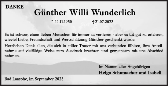 Traueranzeige von Günther Willi Wunderlich von Siegener Zeitung