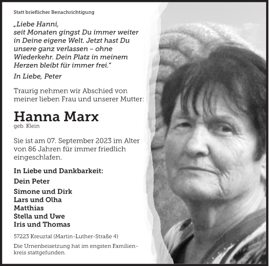 Traueranzeige von Hanna Marx von Siegener Zeitung