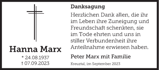 Traueranzeige von Hanna Marx von Siegener Zeitung