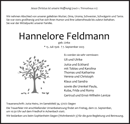 Traueranzeige von Hannelore Feldmann von Siegener Zeitung