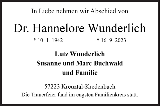 Traueranzeige von Hannelore Wunderlich von Siegener Zeitung