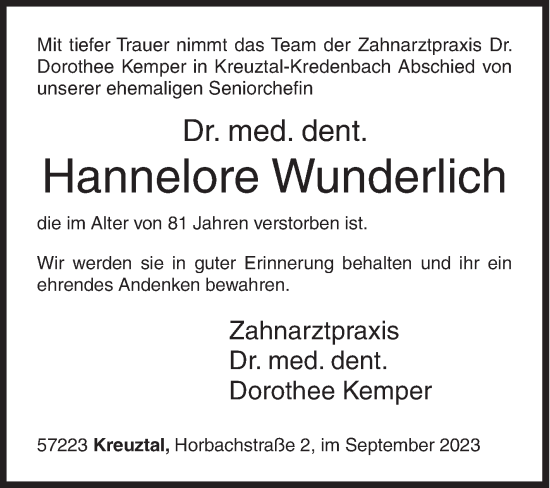 Traueranzeige von Hannelore Wunderlich von Siegener Zeitung