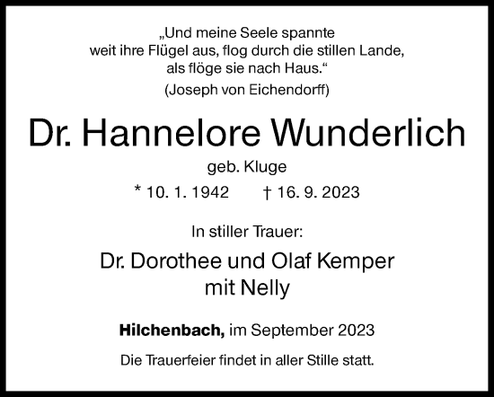 Traueranzeige von Hannelore Wunderlich von Siegener Zeitung