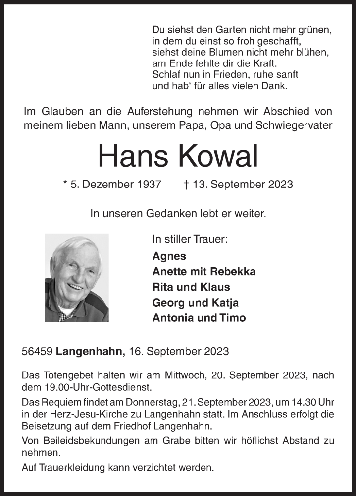  Traueranzeige für Hans Kowal vom 16.09.2023 aus Siegener Zeitung