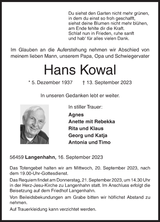 Traueranzeige von Hans Kowal von Siegener Zeitung