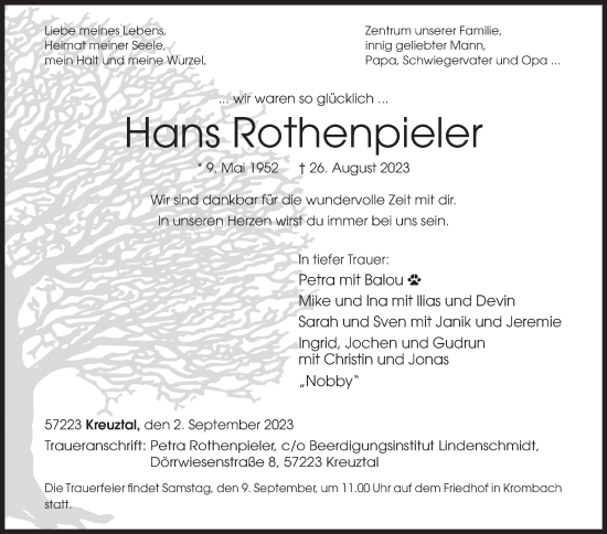 Traueranzeige von Hans Rothenpieler von Siegener Zeitung