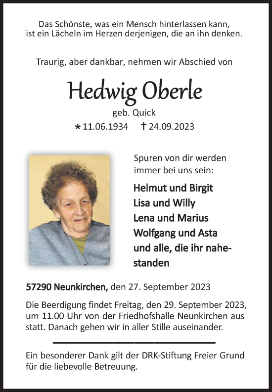 Traueranzeige von Hedwig Oberle von Siegener Zeitung