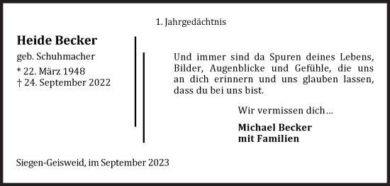 Traueranzeige von Heide Becker von Siegener Zeitung
