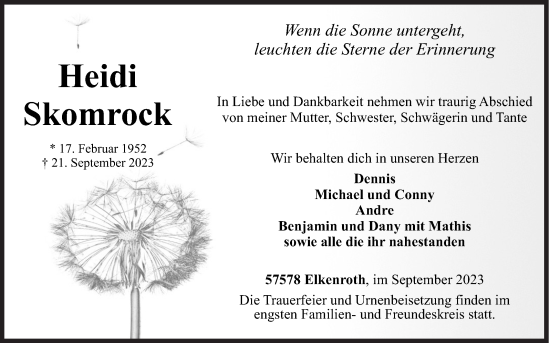 Traueranzeige von Heidi Skomrock von Siegener Zeitung