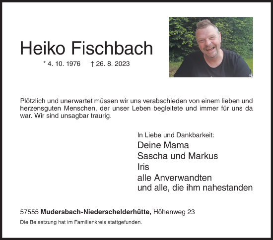 Traueranzeige von Heiko Fischbach von Siegener Zeitung