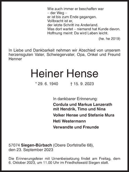 Traueranzeige von Heiner Hense von Siegener Zeitung
